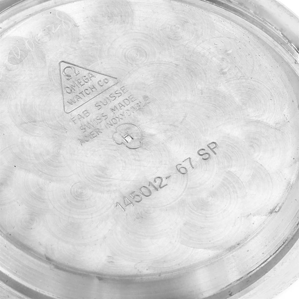 The image shows the inside case back of an Omega Speedmaster 145.012 Men
s Stainless Steel Black Dial 145.012 Men
s Stainless Steel Black Dial watch model.