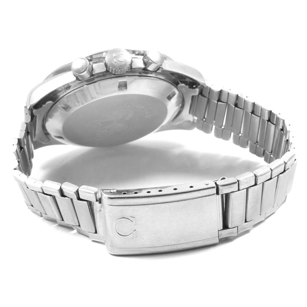 This image shows the back and clasp of an Omega Speedmaster 145.012 Men
s Stainless Steel Black Dial 145.012 Men
s Stainless Steel Black Dial watch, highlighting the metal bracelet and chronograph pushers.