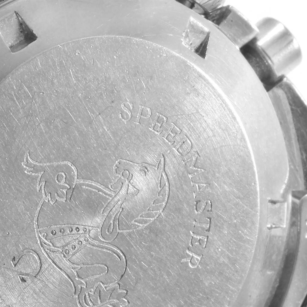 The image shows a close-up of the case back of an Omega Speedmaster 145.012 Men
s Stainless Steel Black Dial 145.012 Men
s Stainless Steel Black Dial watch.