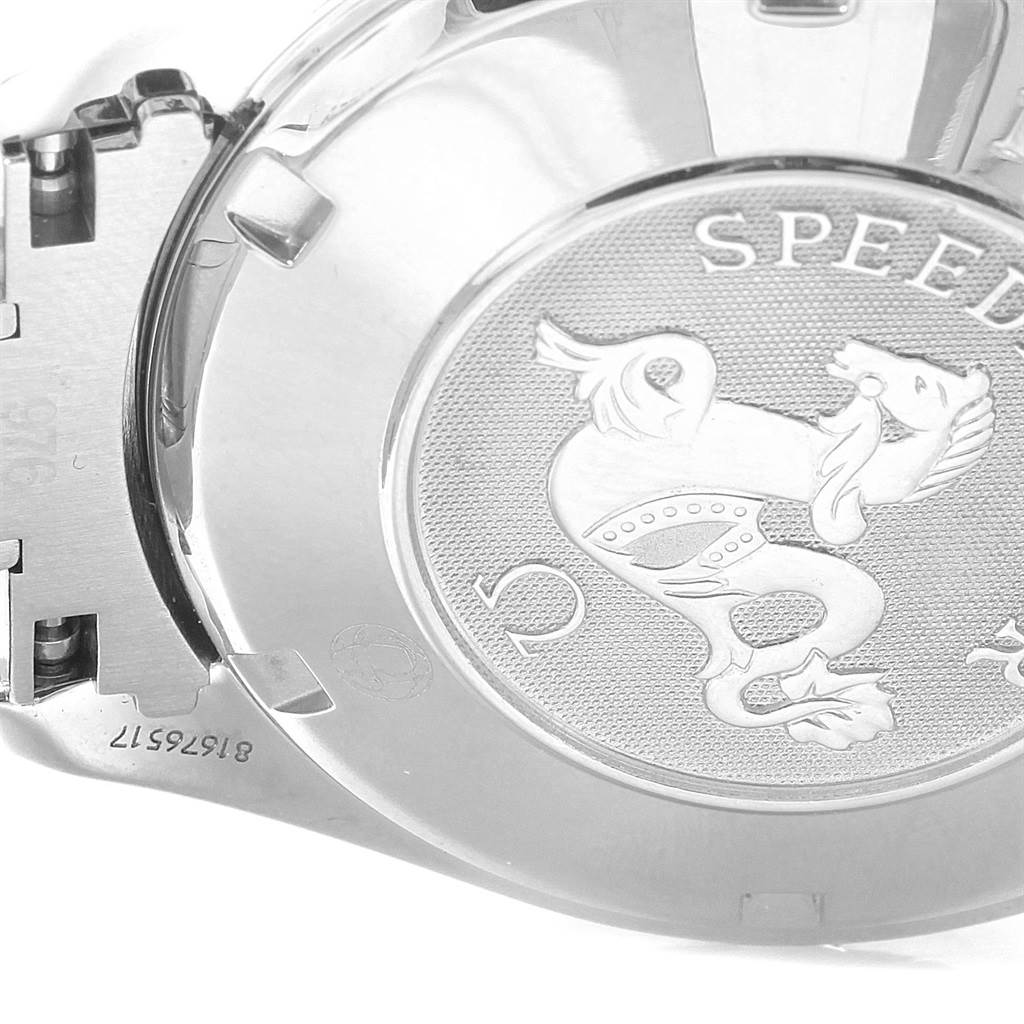 The image shows the backside of an Omega Speedmaster 323.21.40.40.01.001 Men
s Stainless Steel Black Dial 323.21.40.40.01.001 Men
s Stainless Steel Black Dial watch, highlighting the engraved case back with a seahorse logo.