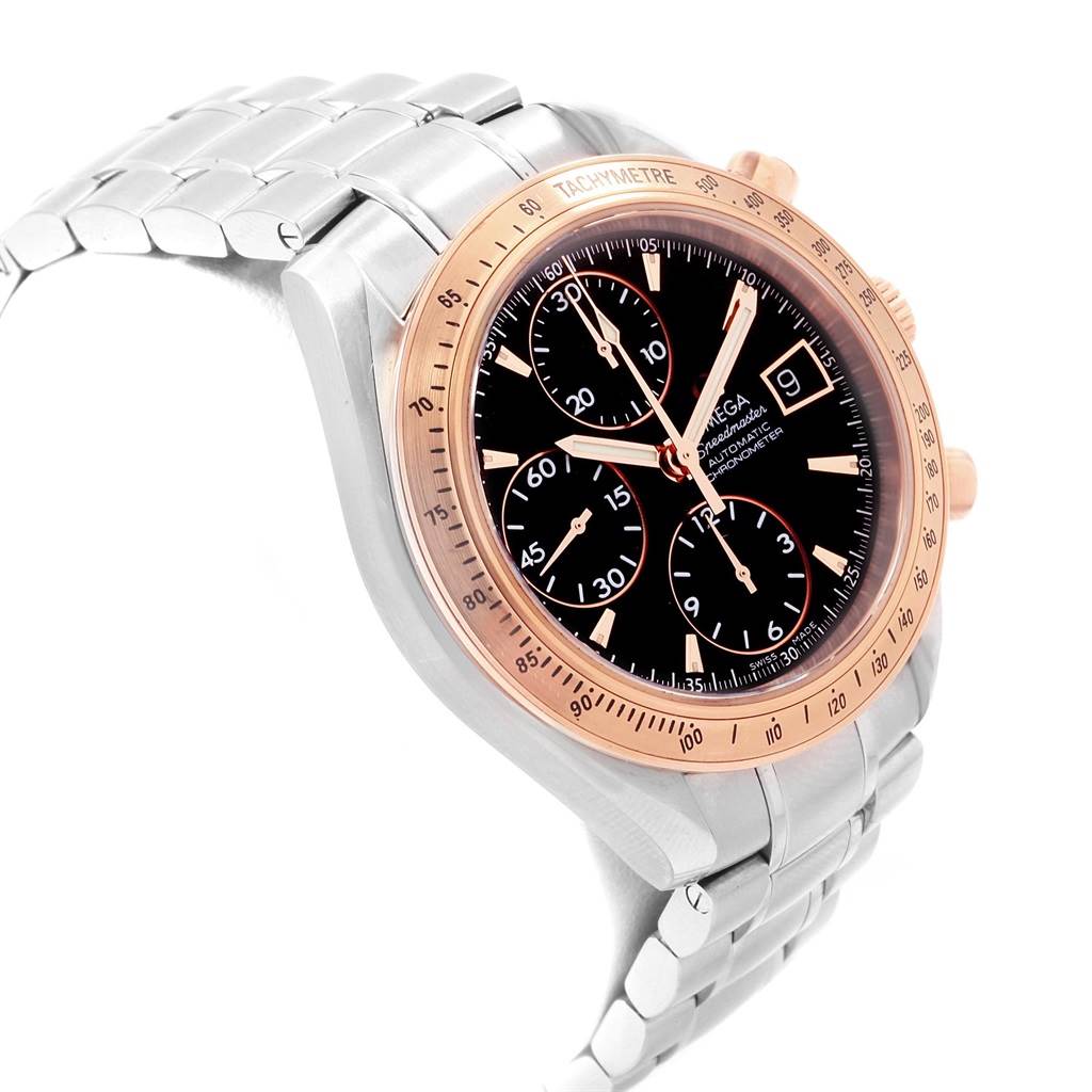 The image shows an Omega Speedmaster 323.21.40.40.01.001 Men
s Stainless Steel Black Dial 323.21.40.40.01.001 Men
s Stainless Steel Black Dial watch from a front-side angle, highlighting the case, bezel, dial, and part of the bracelet.