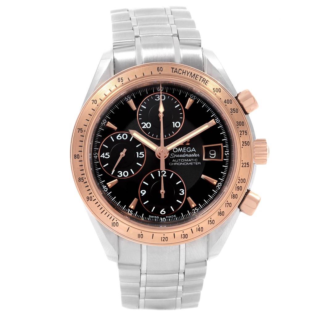 The image shows a front angle of the Omega Speedmaster 323.21.40.40.01.001 Men
s Stainless Steel Black Dial 323.21.40.40.01.001 Men
s Stainless Steel Black Dial watch, highlighting its dial, subdials, bezel, and bracelet.