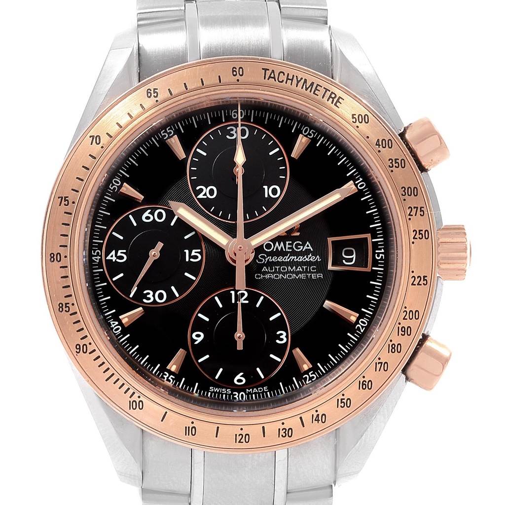 The image shows a front view of an Omega Speedmaster 323.21.40.40.01.001 Men
s Stainless Steel Black Dial 323.21.40.40.01.001 Men
s Stainless Steel Black Dial watch, highlighting its face, tachymetre bezel, chronograph, and push buttons.