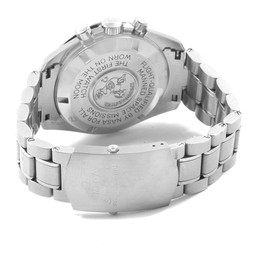 The image shows the back case, bracelet, and clasp of an Omega Speedmaster 311.30.42.30.01.005 Men
s Stainless Steel Black Dial 311.30.42.30.01.005 Men
s Stainless Steel Black Dial watch from a slightly tilted rear angle.