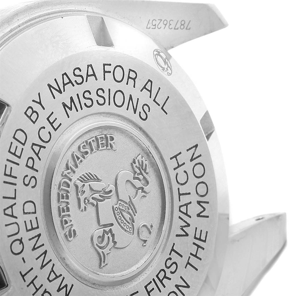 The image shows the engraved case back of an Omega Speedmaster 311.30.42.30.01.005 Men
s Stainless Steel Black Dial 311.30.42.30.01.005 Men
s Stainless Steel Black Dial watch at an oblique angle.