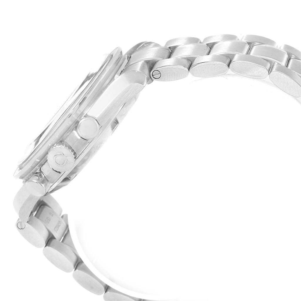 Side view of an Omega Speedmaster 311.30.42.30.01.005 Men
s Stainless Steel Black Dial 311.30.42.30.01.005 Men
s Stainless Steel Black Dial watch showcasing the crown, pushers, and bracelet.