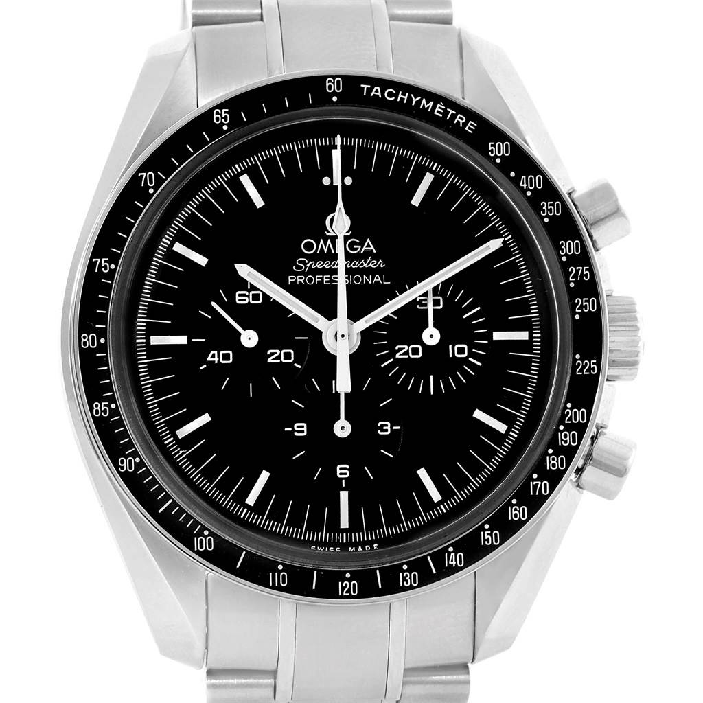 The image shows a front view of the Omega Speedmaster 311.30.42.30.01.005 Men
s Stainless Steel Black Dial 311.30.42.30.01.005 Men
s Stainless Steel Black Dial Professional watch, highlighting its dial, subdials, and tachymeter bezel.