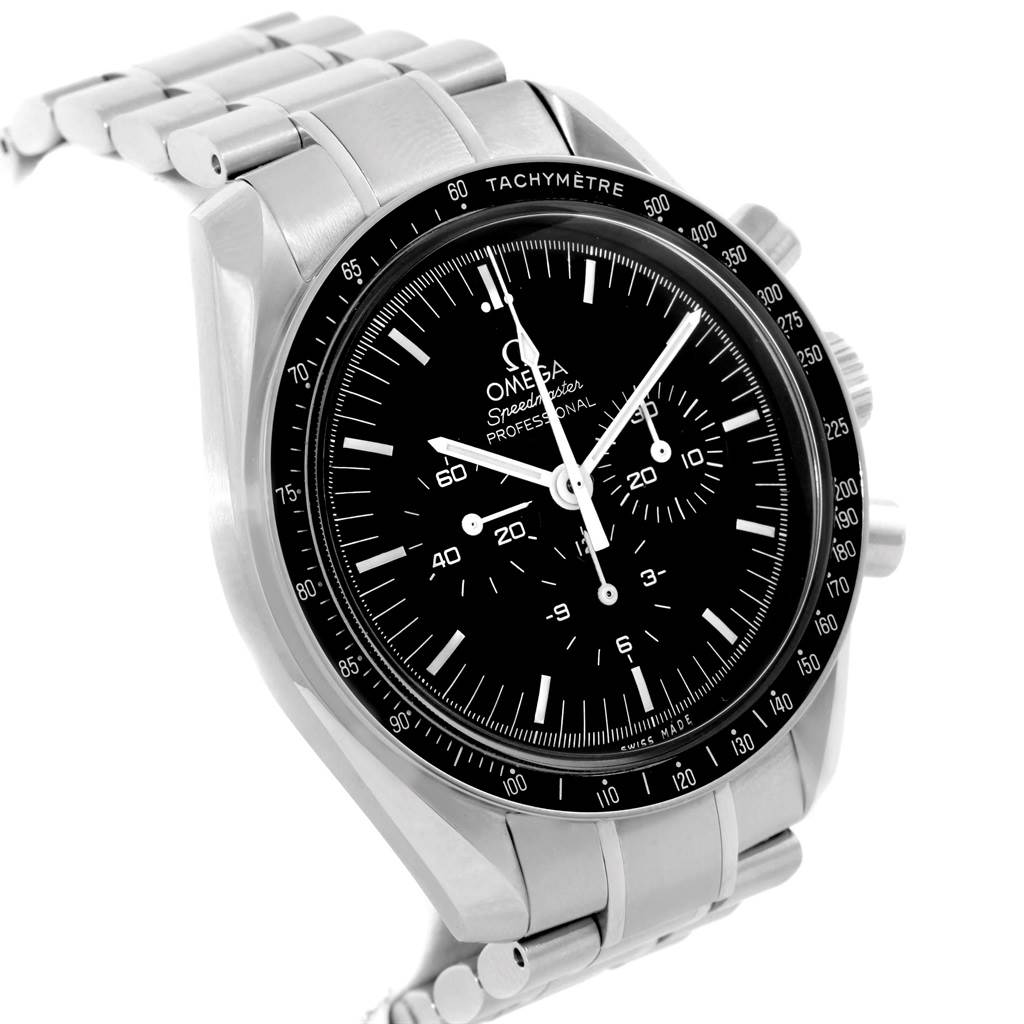 The Omega Speedmaster 311.30.42.30.01.005 Men
s Stainless Steel Black Dial 311.30.42.30.01.005 Men
s Stainless Steel Black Dial watch is shown at a three-quarter angle, displaying its dial, bezel, crown, and part of the bracelet.
