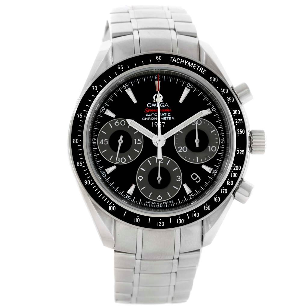 The image shows a frontal view of the Omega Speedmaster 323.30.40.40.01.001 Men
s Stainless Steel Black Dial 323.30.40.40.01.001 Men
s Stainless Steel Black Dial watch displaying its black dial, three subdials, tachymeter, and stainless steel bracelet.