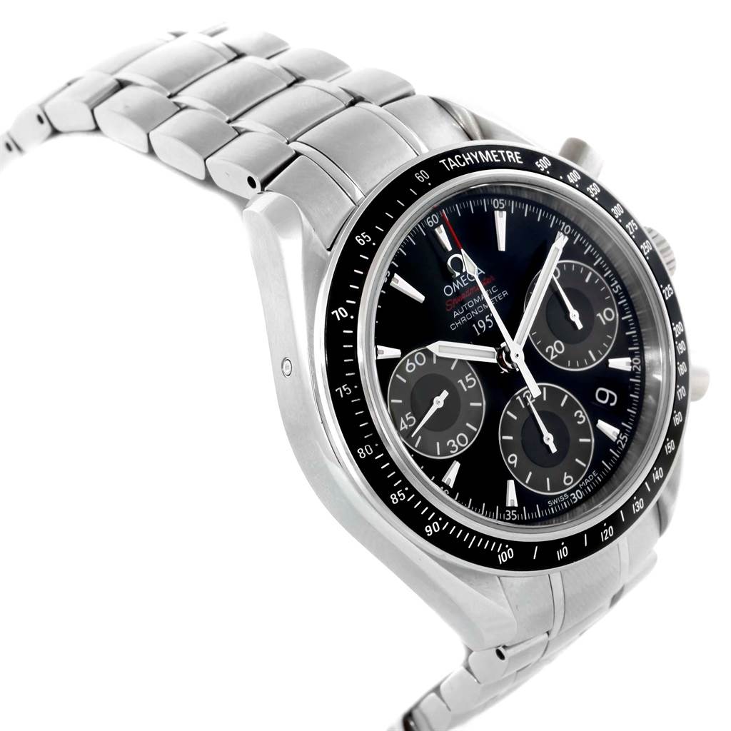 The image shows a side angle view of an Omega Speedmaster 323.30.40.40.01.001 Men
s Stainless Steel Black Dial 323.30.40.40.01.001 Men
s Stainless Steel Black Dial watch, highlighting its bracelet, bezel, and chronograph dials.