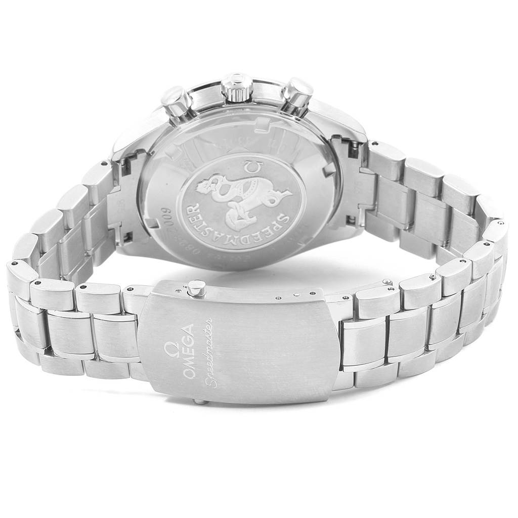 The image shows the back case, crown, and bracelet of an Omega Speedmaster 323.30.40.40.01.001 Men
s Stainless Steel Black Dial 323.30.40.40.01.001 Men
s Stainless Steel Black Dial watch.