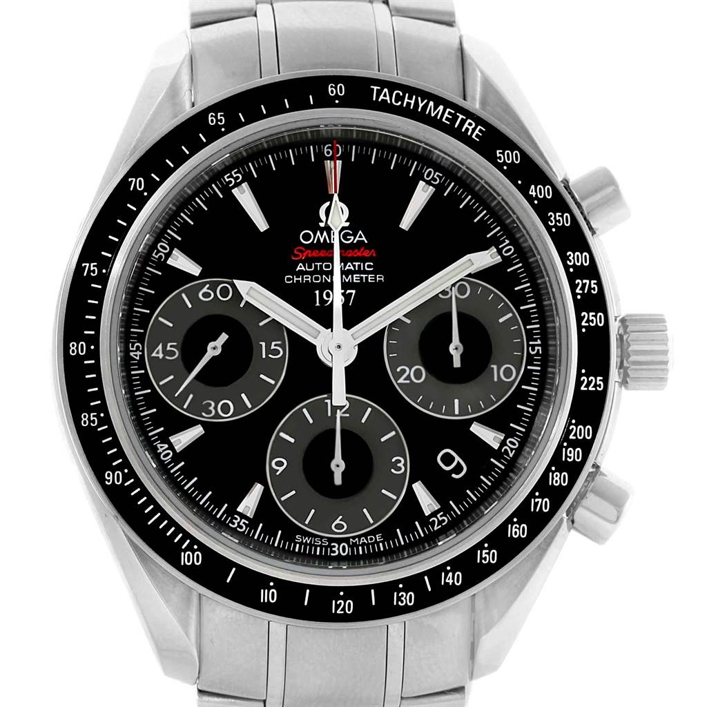 This image shows a front view of the Omega Speedmaster 323.30.40.40.01.001 Men
s Stainless Steel Black Dial 323.30.40.40.01.001 Men
s Stainless Steel Black Dial watch, displaying its black dial, tachymeter bezel, and chronograph sub-dials.