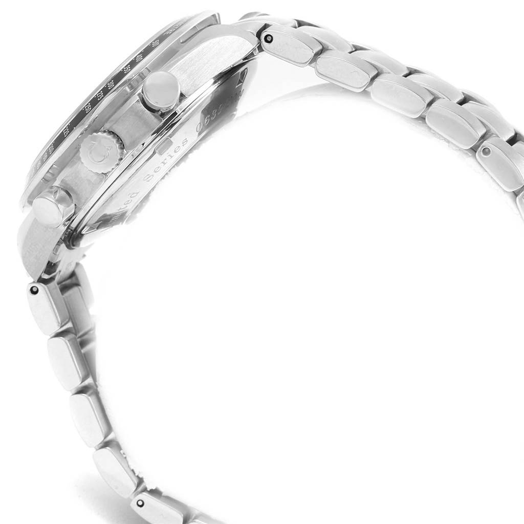 The image shows the side view of an Omega Speedmaster 323.30.40.40.01.001 Men
s Stainless Steel Black Dial 323.30.40.40.01.001 Men
s Stainless Steel Black Dial watch, highlighting its case, crown, pushers, and part of the metal bracelet.