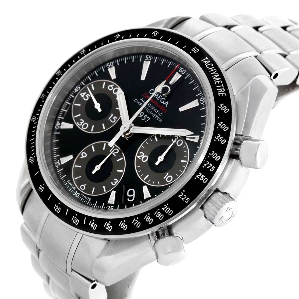 The Omega Speedmaster 323.30.40.40.01.001 Men
s Stainless Steel Black Dial 323.30.40.40.01.001 Men
s Stainless Steel Black Dial watch is shown from a front-side angle, highlighting its face, bezel, crown, and pushers.