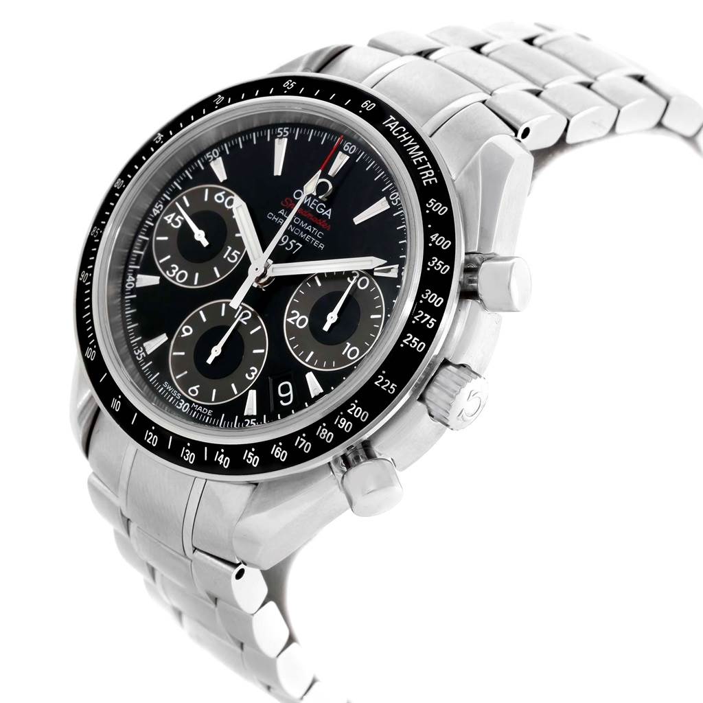 The Omega Speedmaster 323.30.40.40.01.001 Men
s Stainless Steel Black Dial 323.30.40.40.01.001 Men
s Stainless Steel Black Dial watch is shown from a front-side angle, displaying its black dial, tachymeter bezel, sub-dials, and stainless steel bracelet.