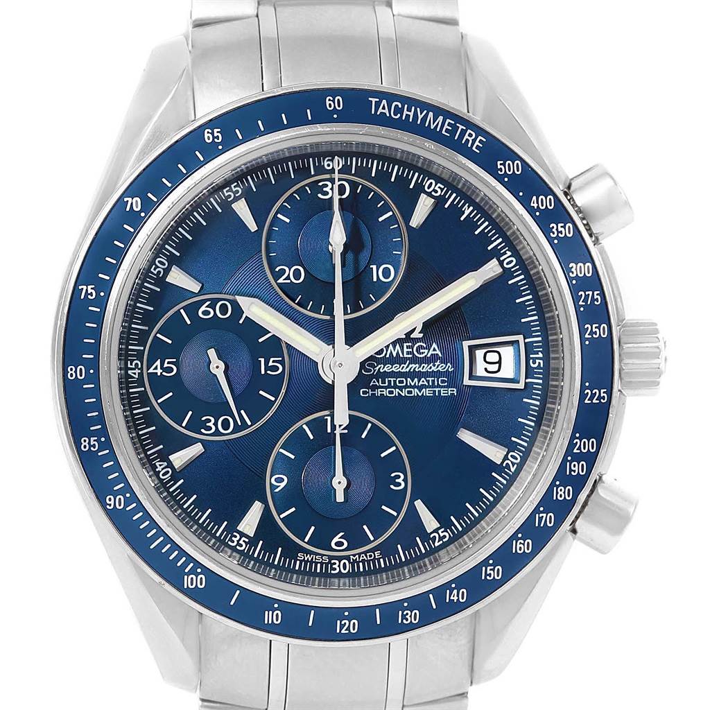 This image shows a frontal view of the Omega Speedmaster 3212.80.00 Men
s Stainless Steel Blue Dial 3212.80.00 Men
s Stainless Steel Blue Dial watch with a blue dial and tachymeter bezel.