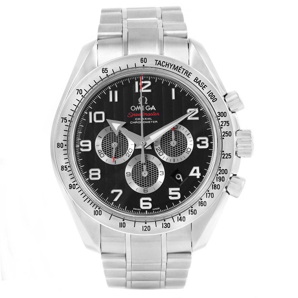 The image shows a front view of an Omega Speedmaster 321.10.44.50.01.001 Men
s Stainless Steel Black Dial 321.10.44.50.01.001 Men
s Stainless Steel Black Dial watch, displaying its dial, bezel, pushers, and metal bracelet.