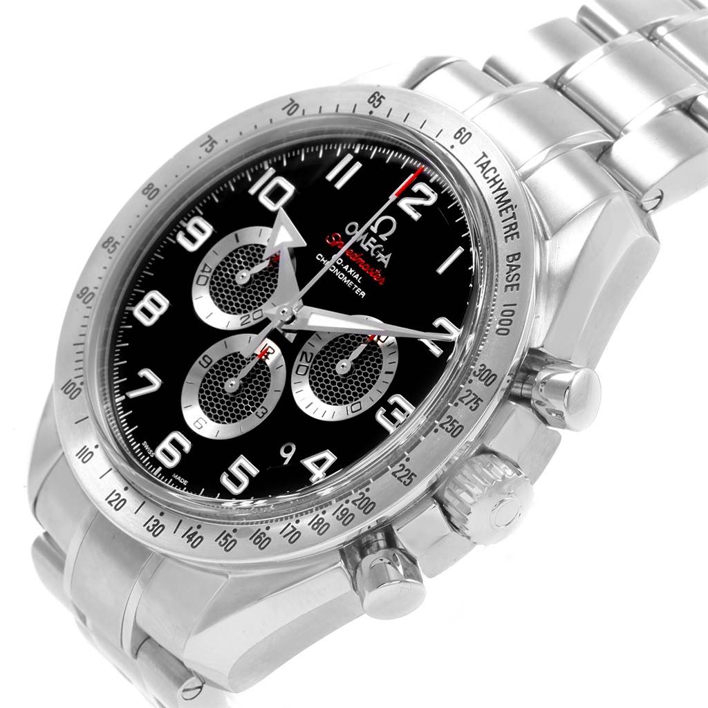 This image shows a three-quarter angle view of an Omega Speedmaster 321.10.44.50.01.001 Men
s Stainless Steel Black Dial 321.10.44.50.01.001 Men
s Stainless Steel Black Dial watch, showcasing its face, chronograph dials, bezel, and pushers.