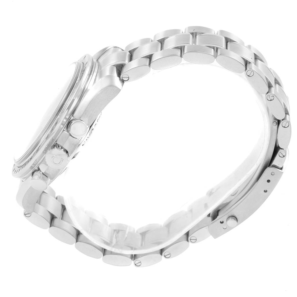 This image shows the side view of the Omega Speedmaster 321.10.44.50.01.001 Men
s Stainless Steel Black Dial 321.10.44.50.01.001 Men
s Stainless Steel Black Dial
s stainless steel case, bezel, pushers, and bracelet with clasp.