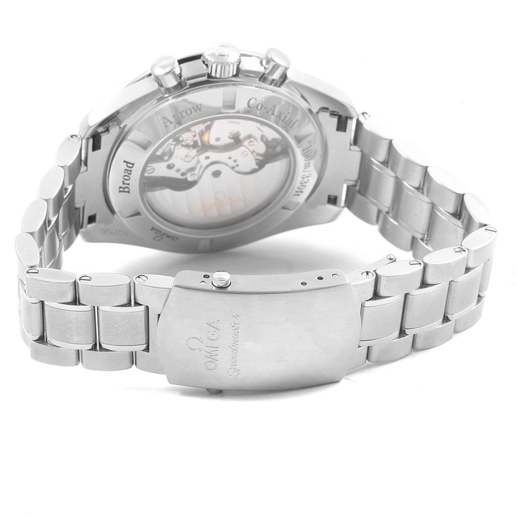 The image shows the back view of an Omega Speedmaster 321.10.44.50.01.001 Men
s Stainless Steel Black Dial 321.10.44.50.01.001 Men
s Stainless Steel Black Dial, highlighting the bracelet, clasp, and open case back.