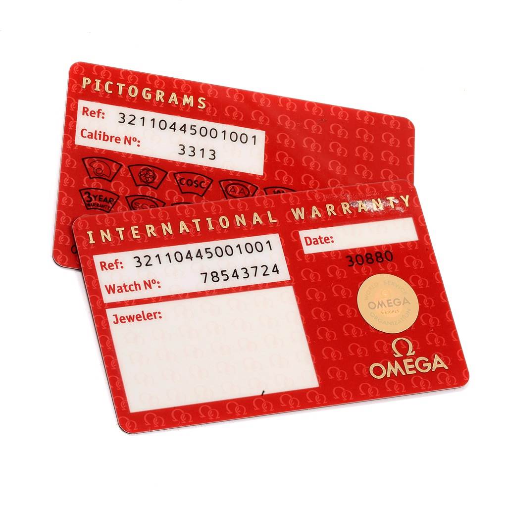 The image shows two red Omega Speedmaster 321.10.44.50.01.001 Men
s Stainless Steel Black Dial 321.10.44.50.01.001 Men
s Stainless Steel Black Dial warranty and pictogram cards, slightly overlapping.