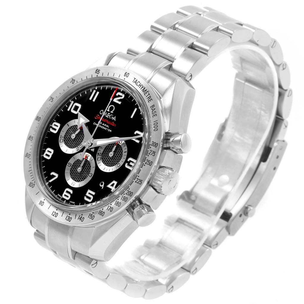 The Omega Speedmaster 321.10.44.50.01.001 Men
s Stainless Steel Black Dial 321.10.44.50.01.001 Men
s Stainless Steel Black Dial watch is shown at a three-quarter angle, highlighting the face, bezel, crown, and stainless steel bracelet.