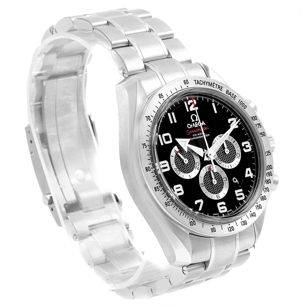 The Omega Speedmaster 321.10.44.50.01.001 Men
s Stainless Steel Black Dial 321.10.44.50.01.001 Men
s Stainless Steel Black Dial watch is shown at a three-quarter angle, displaying the bracelet, face, tachymeter bezel, and chronograph dials.