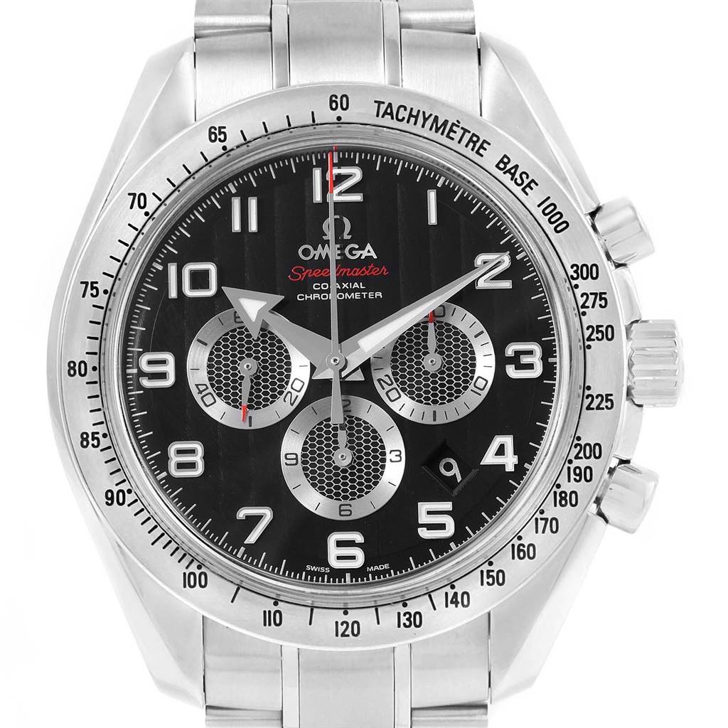 This image shows a front view of an Omega Speedmaster 321.10.44.50.01.001 Men
s Stainless Steel Black Dial 321.10.44.50.01.001 Men
s Stainless Steel Black Dial watch featuring a tachymeter scale and three subdials on its face.