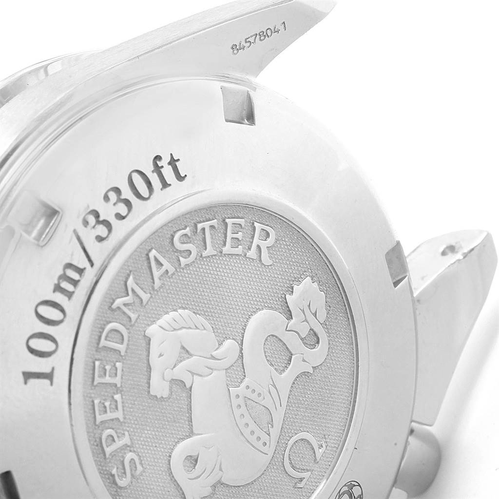 The image shows the case back of an Omega Speedmaster 3210.52.00 Men
s Stainless Steel Black Dial 3210.52.00 Men
s Stainless Steel Black Dial watch, highlighting its 100m/330ft water resistance engraving.