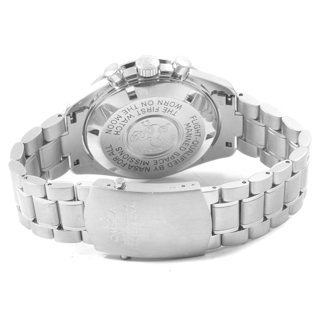 This image shows the back case and bracelet clasp of an Omega Speedmaster 3570.50.00 Men
s Stainless Steel Black Dial 3570.50.00 Men
s Stainless Steel Black Dial watch from a rear angle.