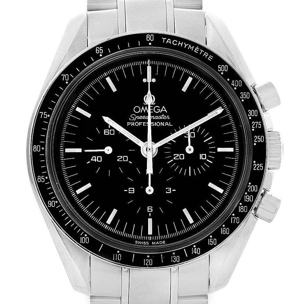 The image shows a front view of the Omega Speedmaster 3570.50.00 Men
s Stainless Steel Black Dial 3570.50.00 Men
s Stainless Steel Black Dial Professional watch, focusing on the dial, bezel, and part of the bracelet.