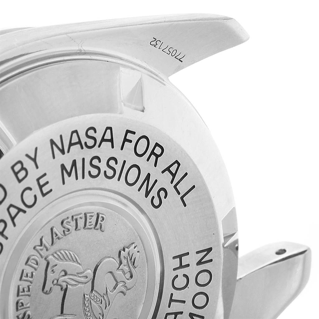 This image shows the case back of the Omega Speedmaster 3570.50.00 Men
s Stainless Steel Black Dial 3570.50.00 Men
s Stainless Steel Black Dial watch, highlighting its NASA space mission engraving.