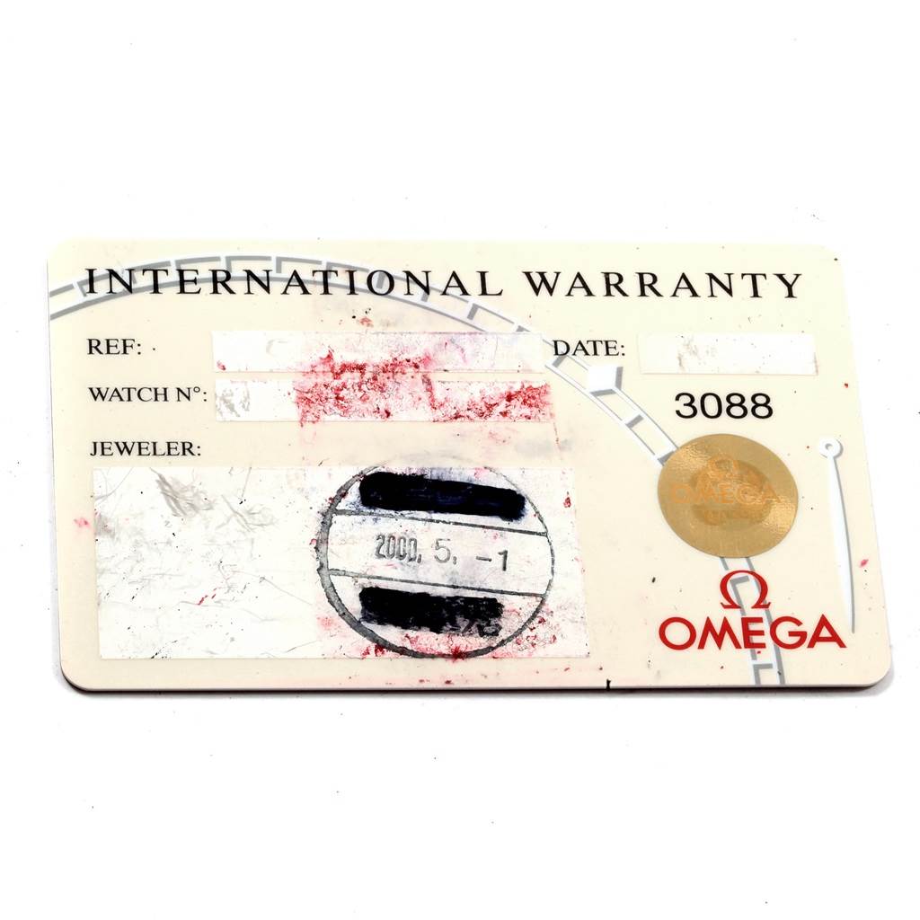 This image shows an International Warranty card for the Omega Speedmaster 3570.50.00 Men
s Stainless Steel Black Dial 3570.50.00 Men
s Stainless Steel Black Dial watch model, including spaces for reference, watch number, and jeweler information.