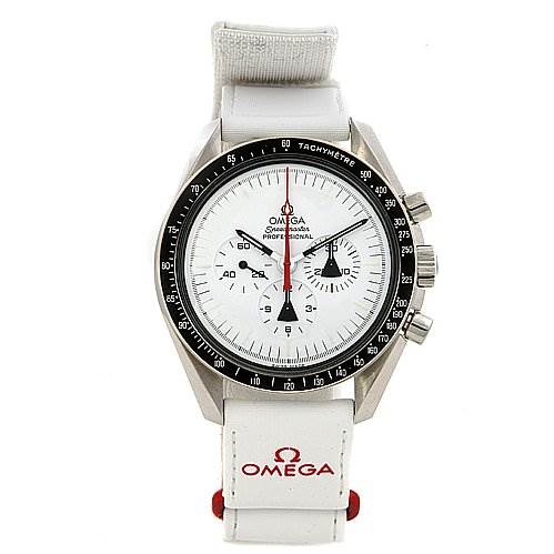 The Omega Speedmaster 31132423004001 OR 311.   32.   42.   30.   04.   001 Men's Stainless Steel White Dial 31132423004001 OR 311.   32.   42.   30.   04.   001 Men's Stainless Steel White Dial watch is shown from a front angle, displaying its white dial, tachymeter bezel, and white strap with the Omega logo.