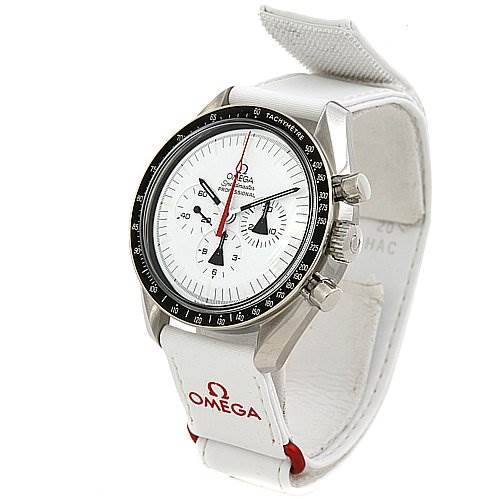 The image shows an Omega Speedmaster 31132423004001 OR 311.   32.   42.   30.   04.   001 Men's Stainless Steel White Dial 31132423004001 OR 311.   32.   42.   30.   04.   001 Men's Stainless Steel White Dial watch at a three-quarter angle, highlighting the face, bezel, and white strap with Omega logo.