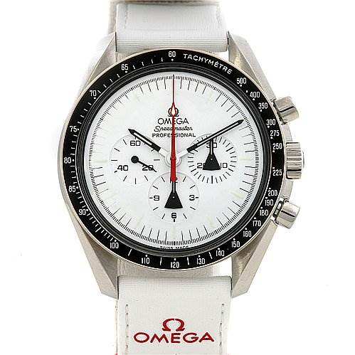 The image shows a front view of the Omega Speedmaster 31132423004001 OR 311.   32.   42.   30.   04.   001 Men's Stainless Steel White Dial 31132423004001 OR 311.   32.   42.   30.   04.   001 Men's Stainless Steel White Dial watch, including its white dial, chronograph sub-dials, tachymeter bezel, and strap.