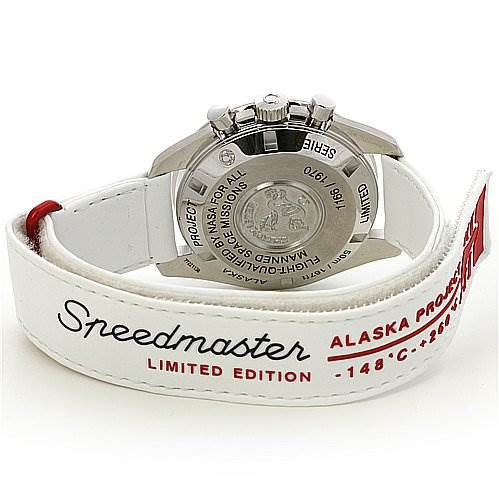 The image shows the back and side angle of the Omega Speedmaster 31132423004001 OR 311.   32.   42.   30.   04.   001 Men's Stainless Steel White Dial 31132423004001 OR 311.   32.   42.   30.   04.   001 Men's Stainless Steel White Dial Alaska Project Limited Edition watch, including its white strap.