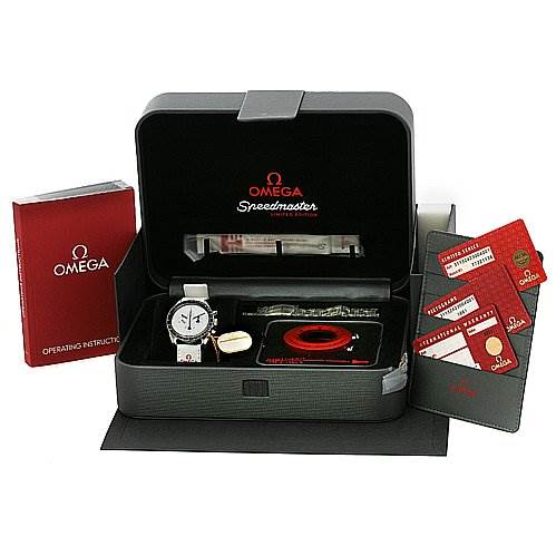 The image shows an Omega Speedmaster 31132423004001 OR 311.   32.   42.   30.   04.   001 Men's Stainless Steel White Dial 31132423004001 OR 311.   32.   42.   30.   04.   001 Men's Stainless Steel White Dial watch set, including the watch, a case, operating instructions, and various cards, viewed from the front.