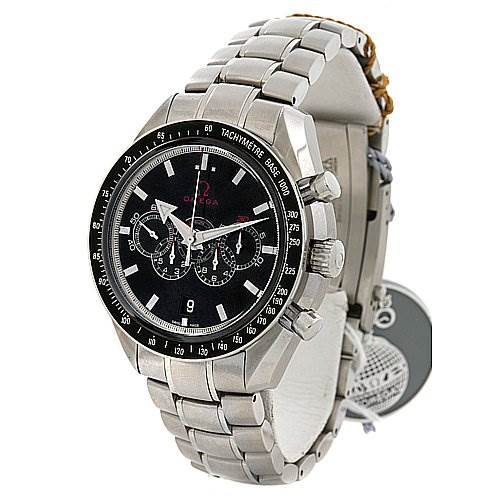 This image shows an angled view of an Omega Speedmaster 321.30.44.52.01.001 Men
s Stainless Steel Black Dial 321.30.44.52.01.001 Men
s Stainless Steel Black Dial watch, highlighting its black dial, chronograph sub-dials, tachymeter bezel, and stainless steel bracelet.