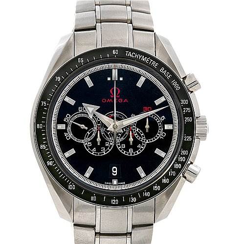 The image shows a frontal view of the Omega Speedmaster 321.30.44.52.01.001 Men
s Stainless Steel Black Dial 321.30.44.52.01.001 Men
s Stainless Steel Black Dial watch, displaying the dial, bezel, and bracelet.