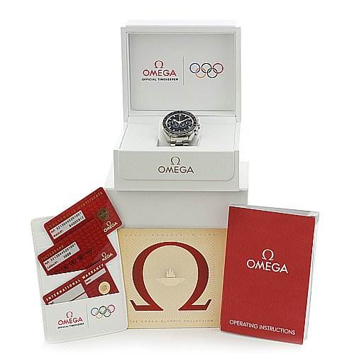 The image shows an Omega Speedmaster 321.30.44.52.01.001 Men
s Stainless Steel Black Dial 321.30.44.52.01.001 Men
s Stainless Steel Black Dial watch with its box, operating instructions, warranty cards, and other accompanying documents.