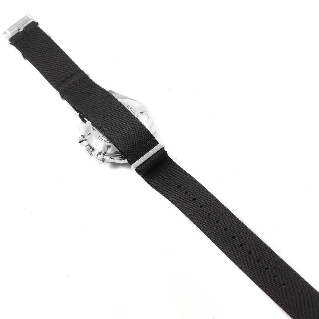 This image shows the back case and strap of an Omega Speedmaster 311.33.42.30.01.001 Men
s Stainless Steel Black Dial 311.33.42.30.01.001 Men
s Stainless Steel Black Dial watch, focusing on the rear view and the black strap.