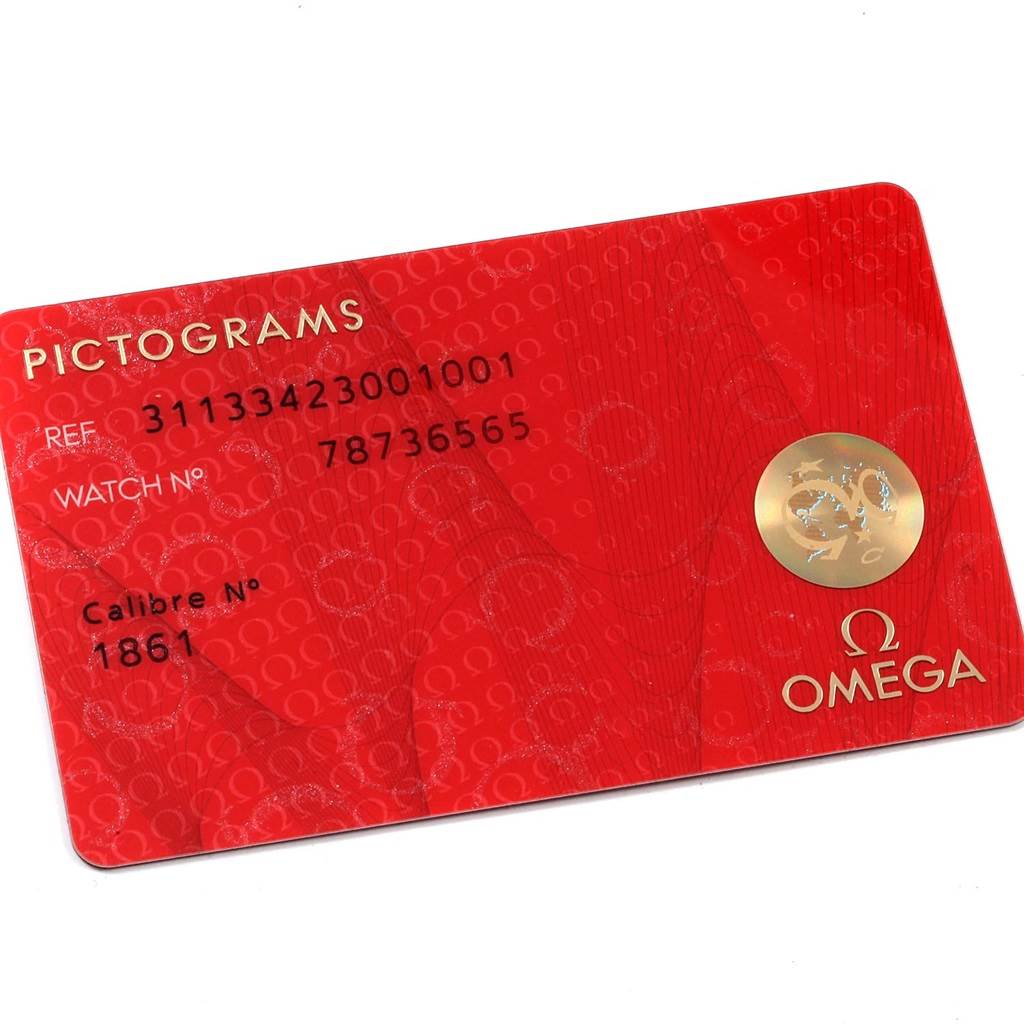 This image shows the Omega Speedmaster 311.33.42.30.01.001 Men
s Stainless Steel Black Dial 311.33.42.30.01.001 Men
s Stainless Steel Black Dial Pictograms card with reference, watch, and calibre numbers visible.