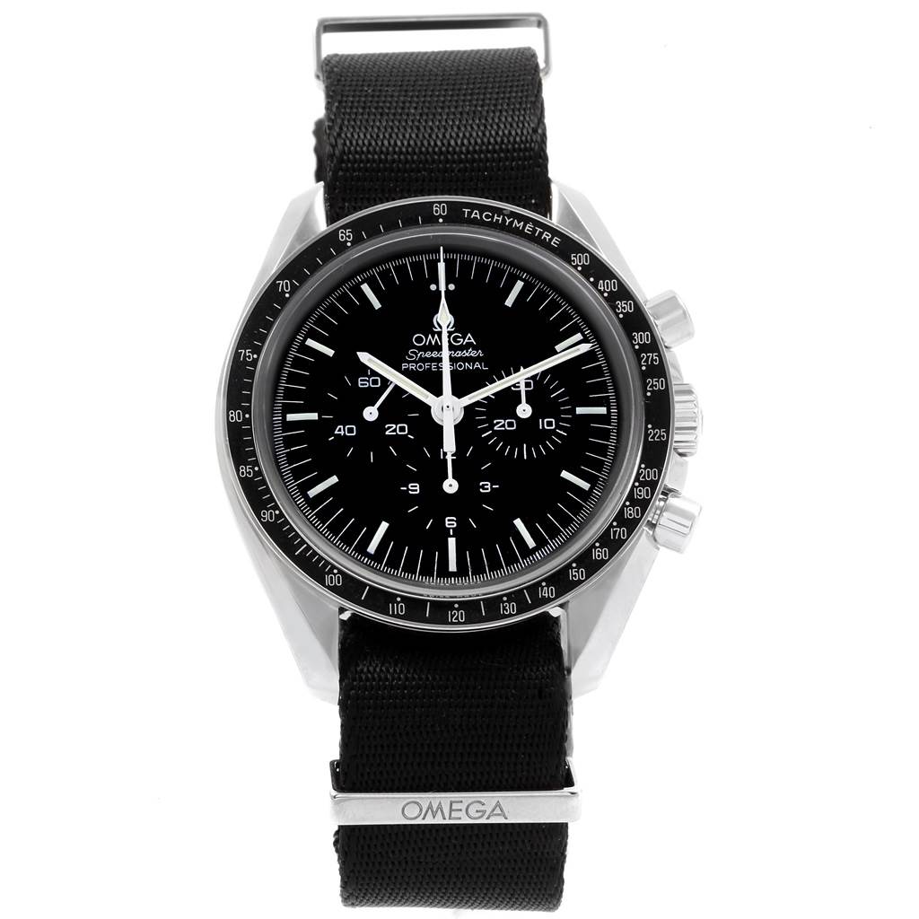 This image shows a frontal view of the Omega Speedmaster 311.33.42.30.01.001 Men
s Stainless Steel Black Dial 311.33.42.30.01.001 Men
s Stainless Steel Black Dial watch with a black dial, chronograph subdials, and a black fabric strap.