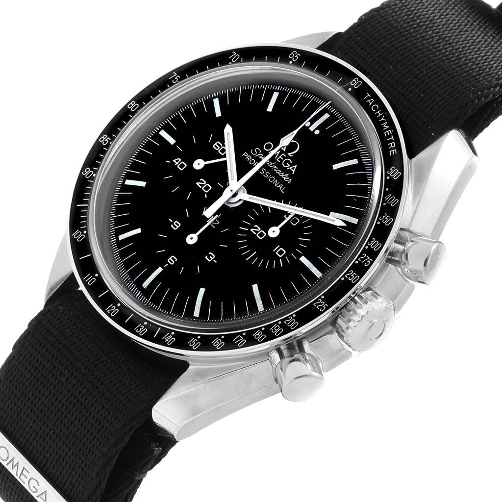 The image shows an angled view of the Omega Speedmaster 311.33.42.30.01.001 Men
s Stainless Steel Black Dial 311.33.42.30.01.001 Men
s Stainless Steel Black Dial watch, highlighting the dial, bezel, pushers, and part of the strap.