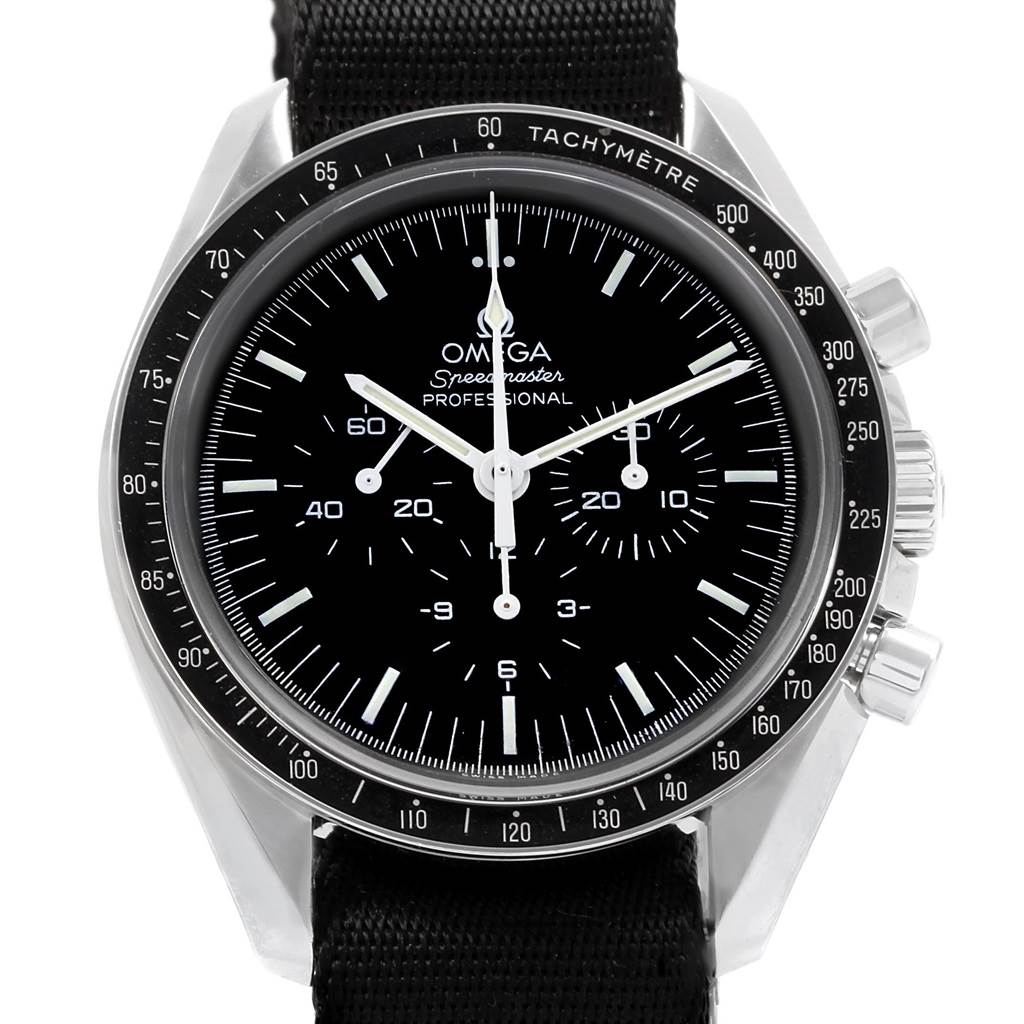 This Omega Speedmaster 311.33.42.30.01.001 Men
s Stainless Steel Black Dial 311.33.42.30.01.001 Men
s Stainless Steel Black Dial watch is shown from a front angle, featuring its dial, bezel, and part of the strap.
