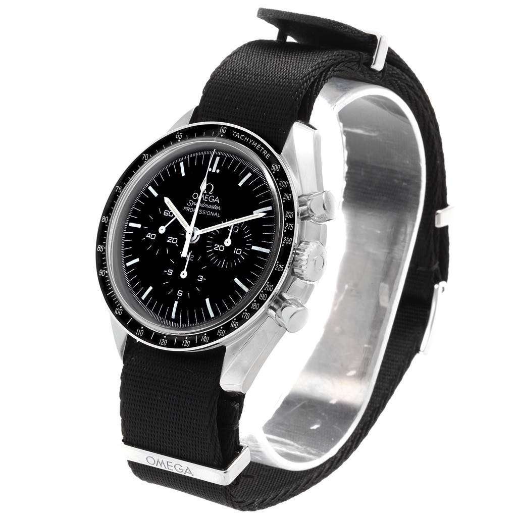 The Omega Speedmaster 311.33.42.30.01.001 Men
s Stainless Steel Black Dial 311.33.42.30.01.001 Men
s Stainless Steel Black Dial watch is shown at an angled top-down view, displaying its face, bezel, crown, and black strap.