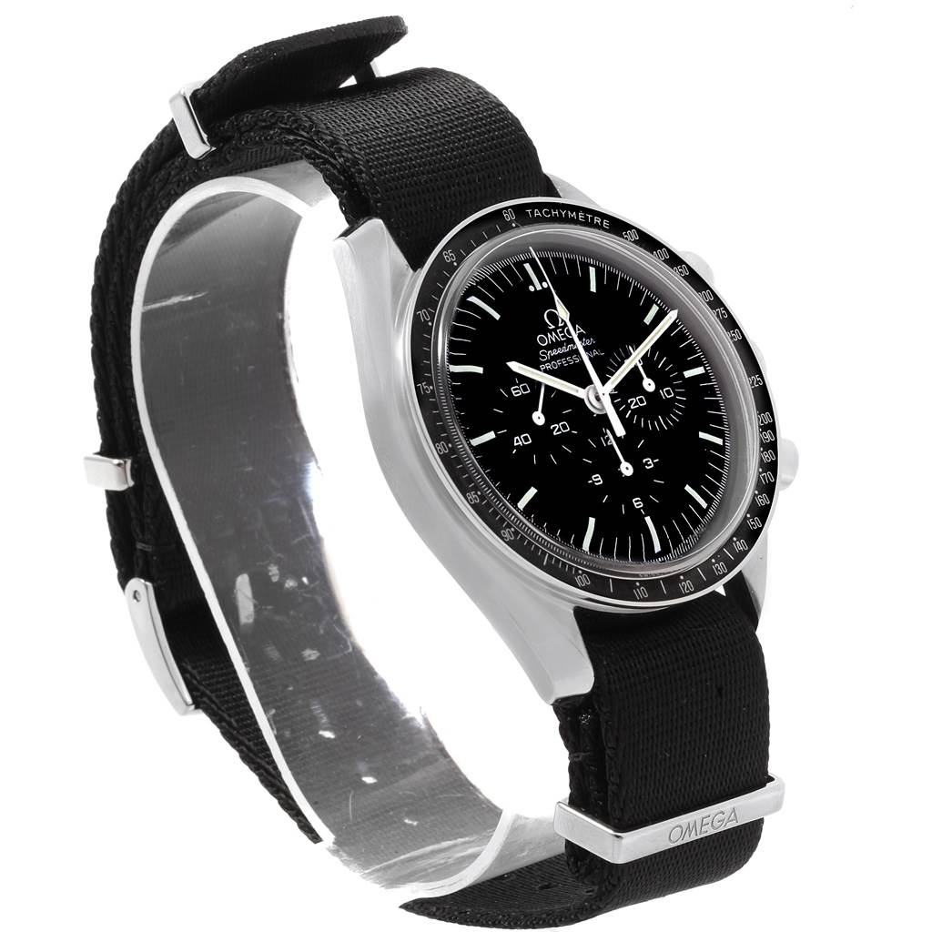 This Omega Speedmaster 311.33.42.30.01.001 Men
s Stainless Steel Black Dial 311.33.42.30.01.001 Men
s Stainless Steel Black Dial watch is shown at a 3/4 angle highlighting the case, bezel, dial, and black fabric strap.