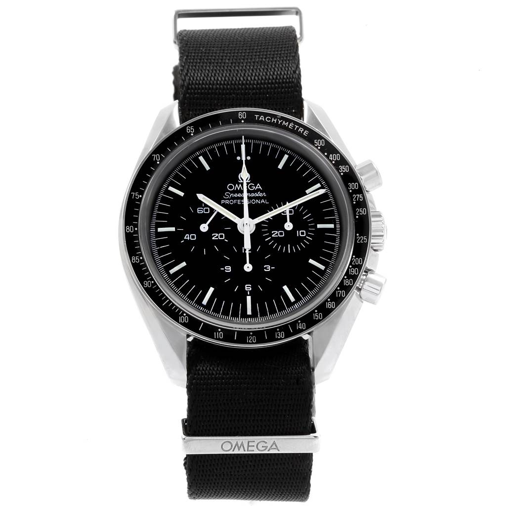 This image shows a front view of an Omega Speedmaster 311.33.42.30.01.001 Men
s Stainless Steel Black Dial 311.33.42.30.01.001 Men
s Stainless Steel Black Dial watch with a black dial and strap, displaying the full watch face and bracelet.