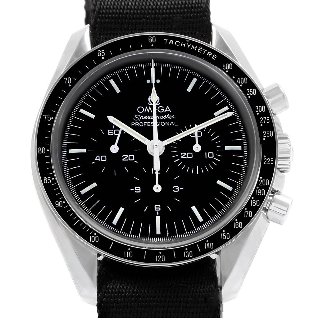 The image shows the face and side buttons of an Omega Speedmaster 311.33.42.30.01.001 Men
s Stainless Steel Black Dial 311.33.42.30.01.001 Men
s Stainless Steel Black Dial watch from a front view.